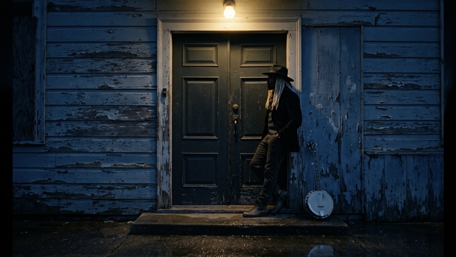 MACHADO leaning in a blue doorway, banjo against the wall