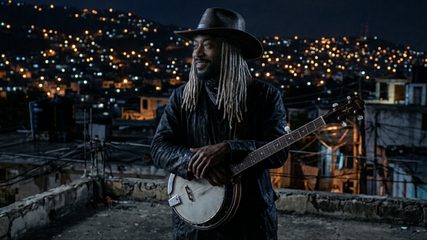 MACHADO with a banjo on a Port-au-Prince rooftop at night